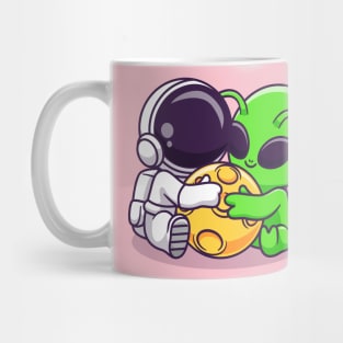 Cute Astronaut And Alien Hug Moon Cartoon Mug